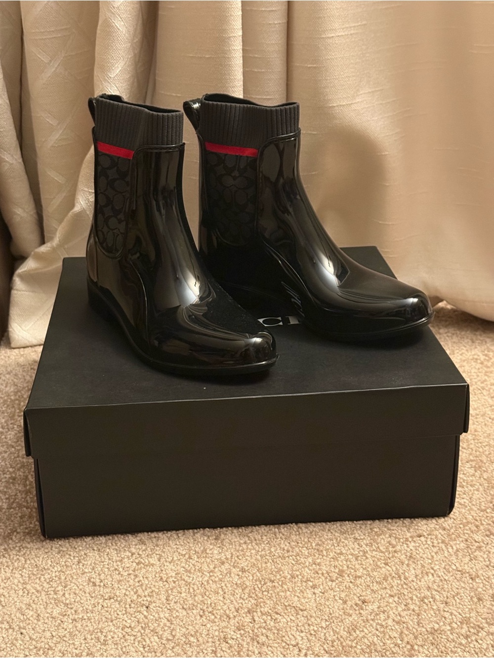 Coach Black Patent Ankle Booties with Red Accent